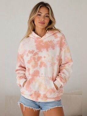 Aerie Oversized Tie Dye Long Hoodie Sweatshirt Orange Pink Size Small